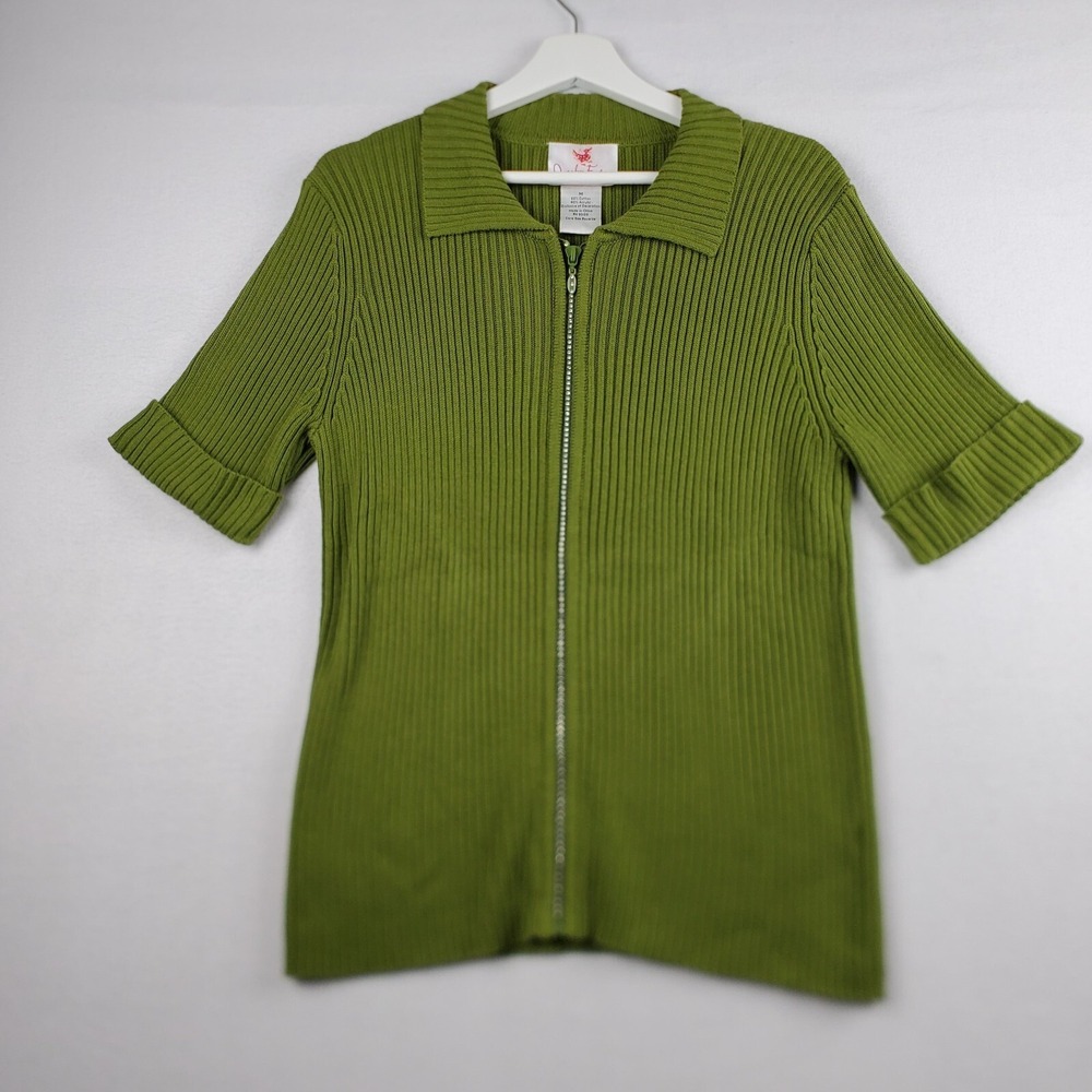 Quacker Factory Sweater Women's Medium Olive Green Full Zip Ribbed Cuffed Jewels